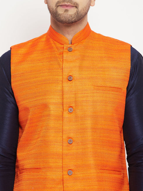 Vastramay Men's Orange Matka Silk Nehru Jacket With Navy Blue Silk Blend Kurta and Pant style Pyjama Set